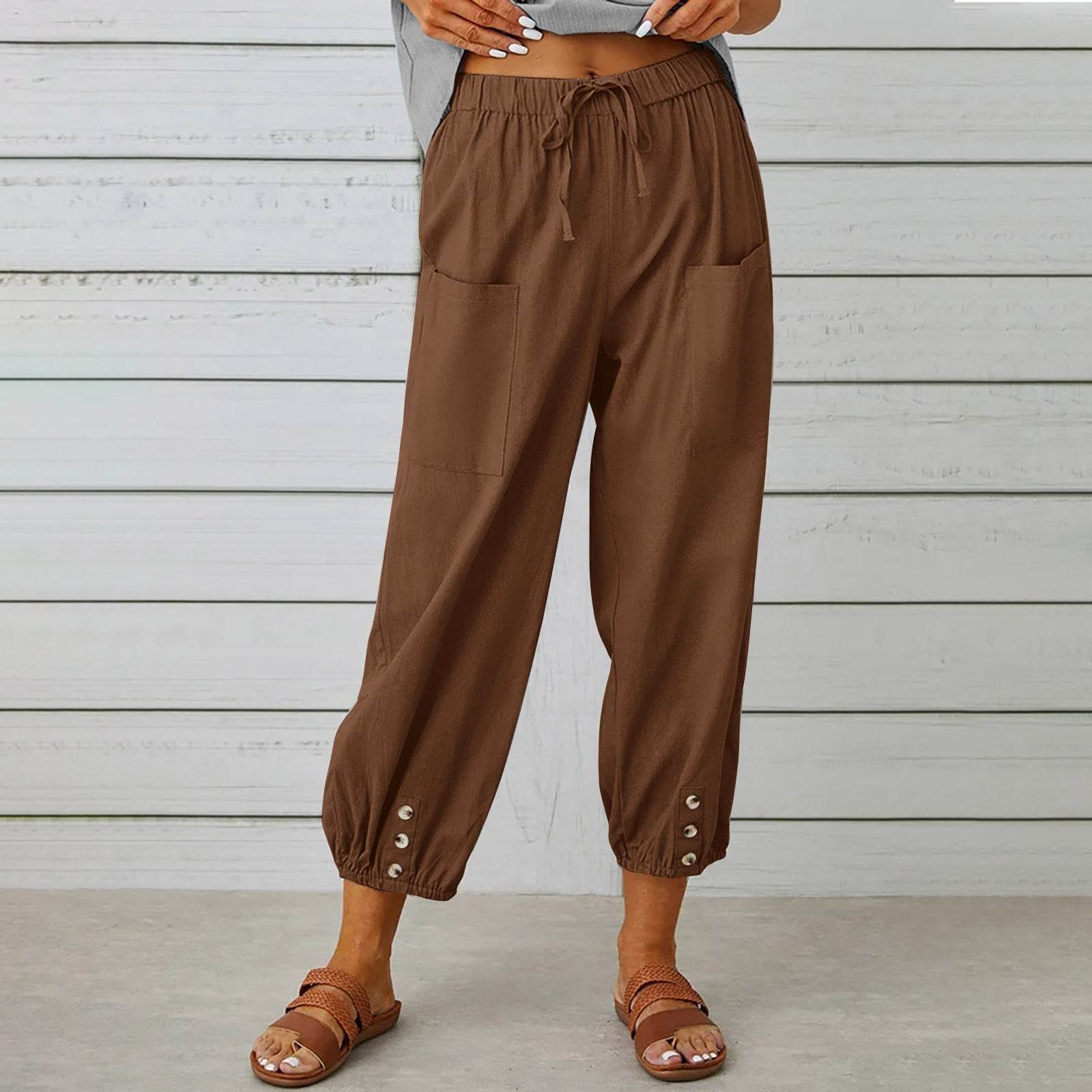 Women Drawstring Tie Pants Spring Summer Cotton And Linen Trousers With Pockets Button - ProTrendyz