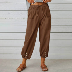 Women Drawstring Tie Pants Spring Summer Cotton And Linen Trousers With Pockets Button - ProTrendyz
