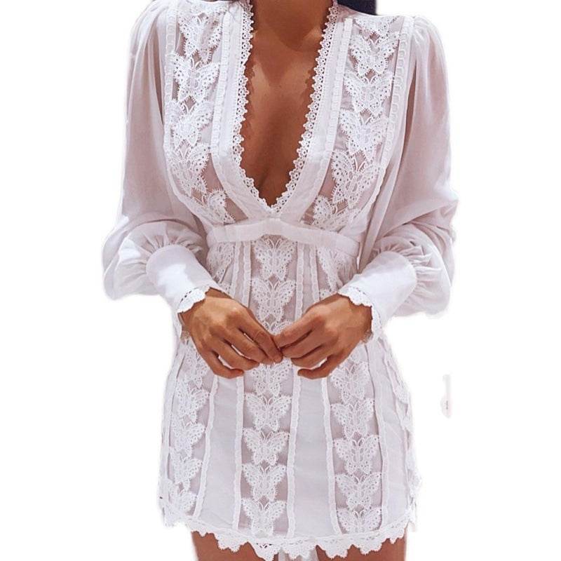 White Elegant Dresses Sexy V Neck Lace Dress Long Puff Sleeve Butterfly Dress For Women - ProTrendyz