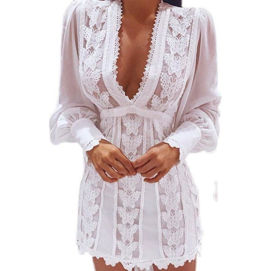 White Elegant Dresses Sexy V Neck Lace Dress Long Puff Sleeve Butterfly Dress For Women - ProTrendyz