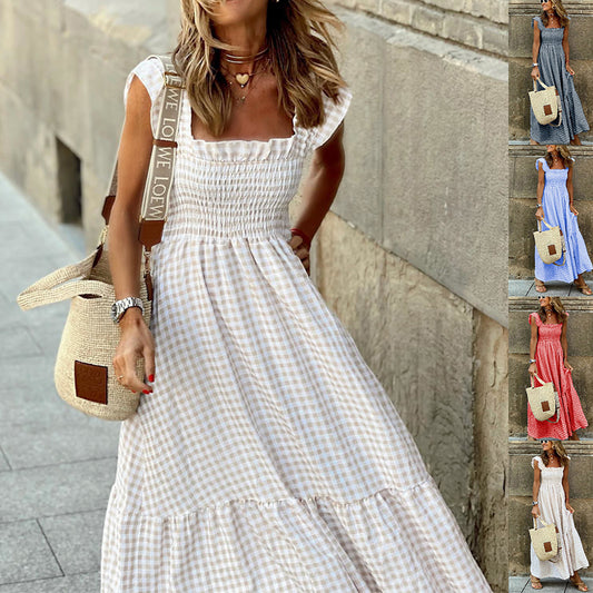 Summer Plaid Print Pleated Ruffle Dress INS Fashion Sleeveless A-line Swing Beach Dress Women's Clothing