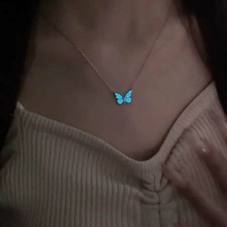Fashion Blue Luminous Butterfly Necklace Bracelet Set For Glow In The Dark Women Clavicle Chain Choker Party Jewelry Set Gift - ProTrendyz