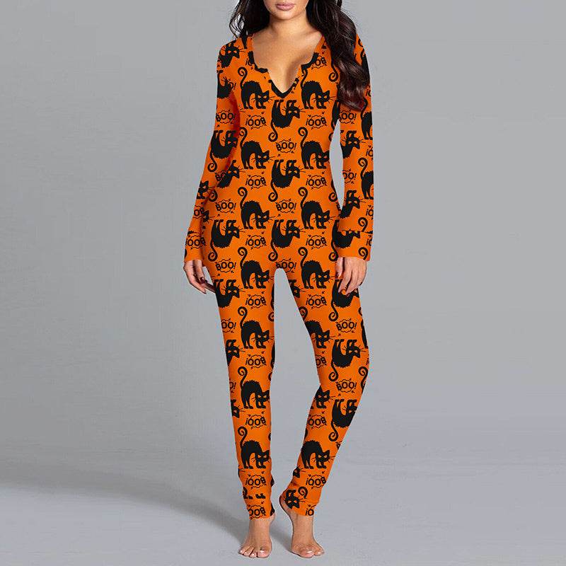 Halloween Printed Jumpsuit Long Sleeve Home Pajamas Casual Trousers Women's Cos Clothing - ProTrendyz