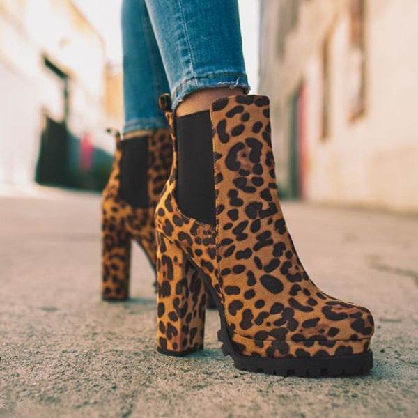 Round-toe Ankle Boots Solid Leopard Print Thick Square High Heel Shoes Ladies Casual Fashion Autumn Winter Suede Dress Party Boots - ProTrendyz