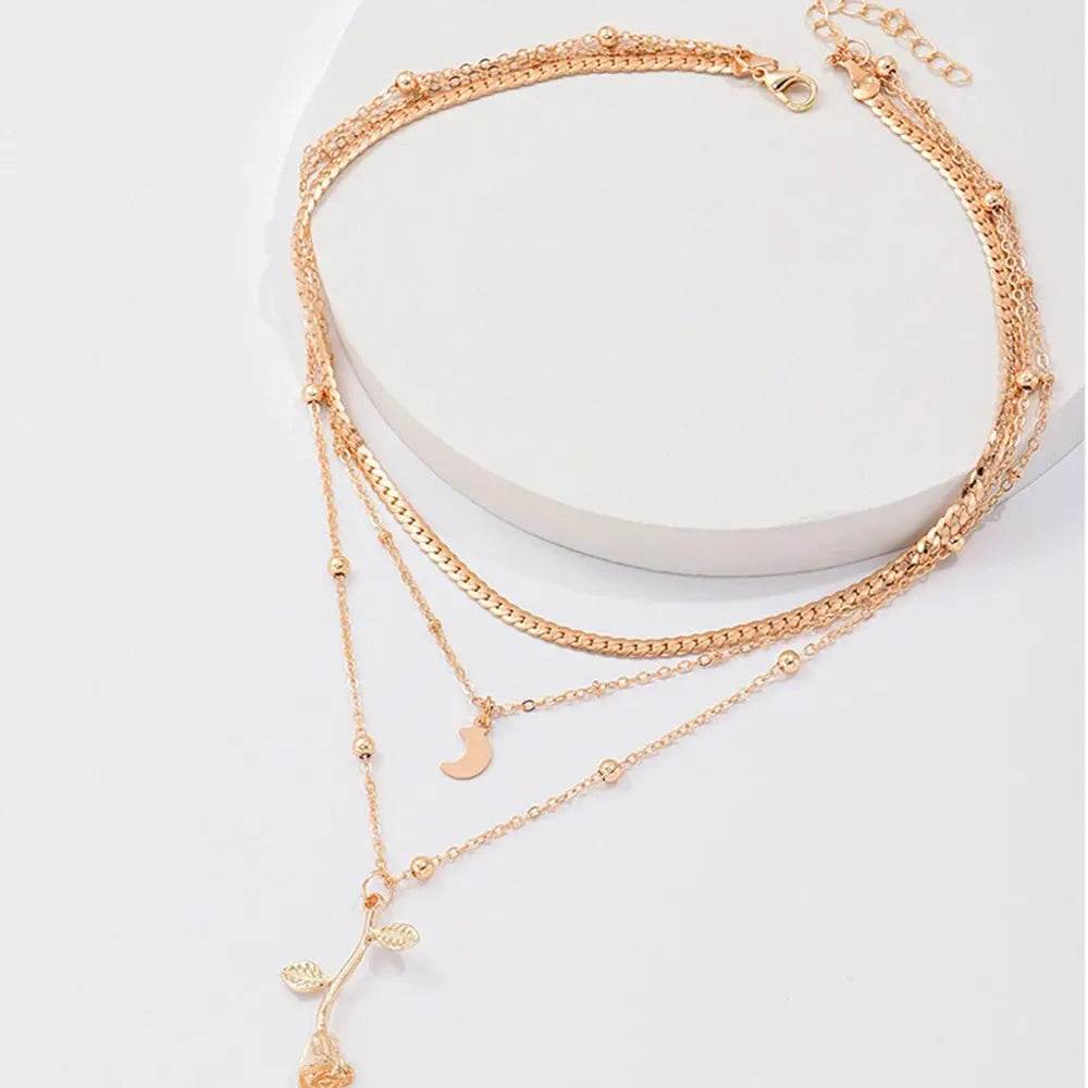 Bohemia Multilayer Moon Gold Color Pendant Necklaces For Women Rose Flower Choker Necklace 2025 Fashion Jewelry Party Gift Valentine's Day Gifts - ProTrendyz