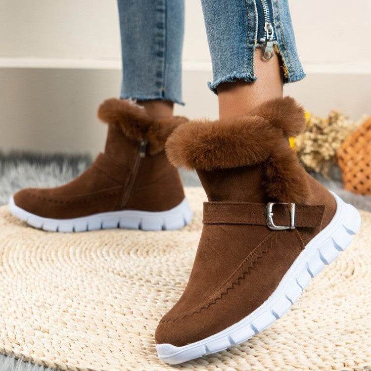 New Snow Boots Winter Warm Thickened Solid Color Plush Ankle Boots With Buckle Design Plus Velvet Flat Shoes For Women - ProTrendyz