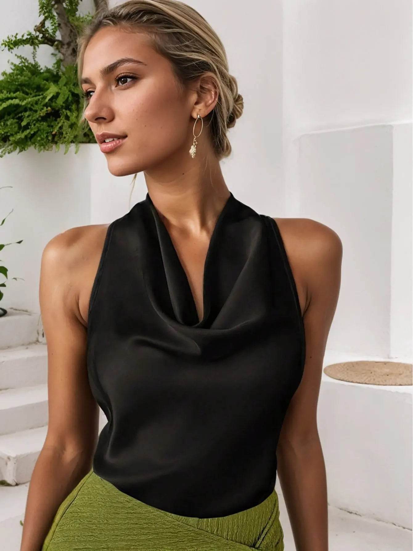 Women Solid Color Swing Collar Sleeveless Vest Trendy Elegant Shirt With Halter Neckline Backless Short Sleeve Tops Tshirts - ProTrendyz