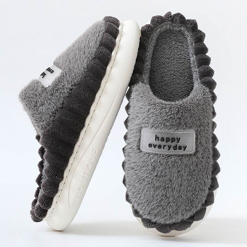 Home Slippers For Men Thick-soled Color-block Letters Fluffy Fleece House Shoes Winter Indoor Warm Slip On Floor Bedroom Slipper - ProTrendyz