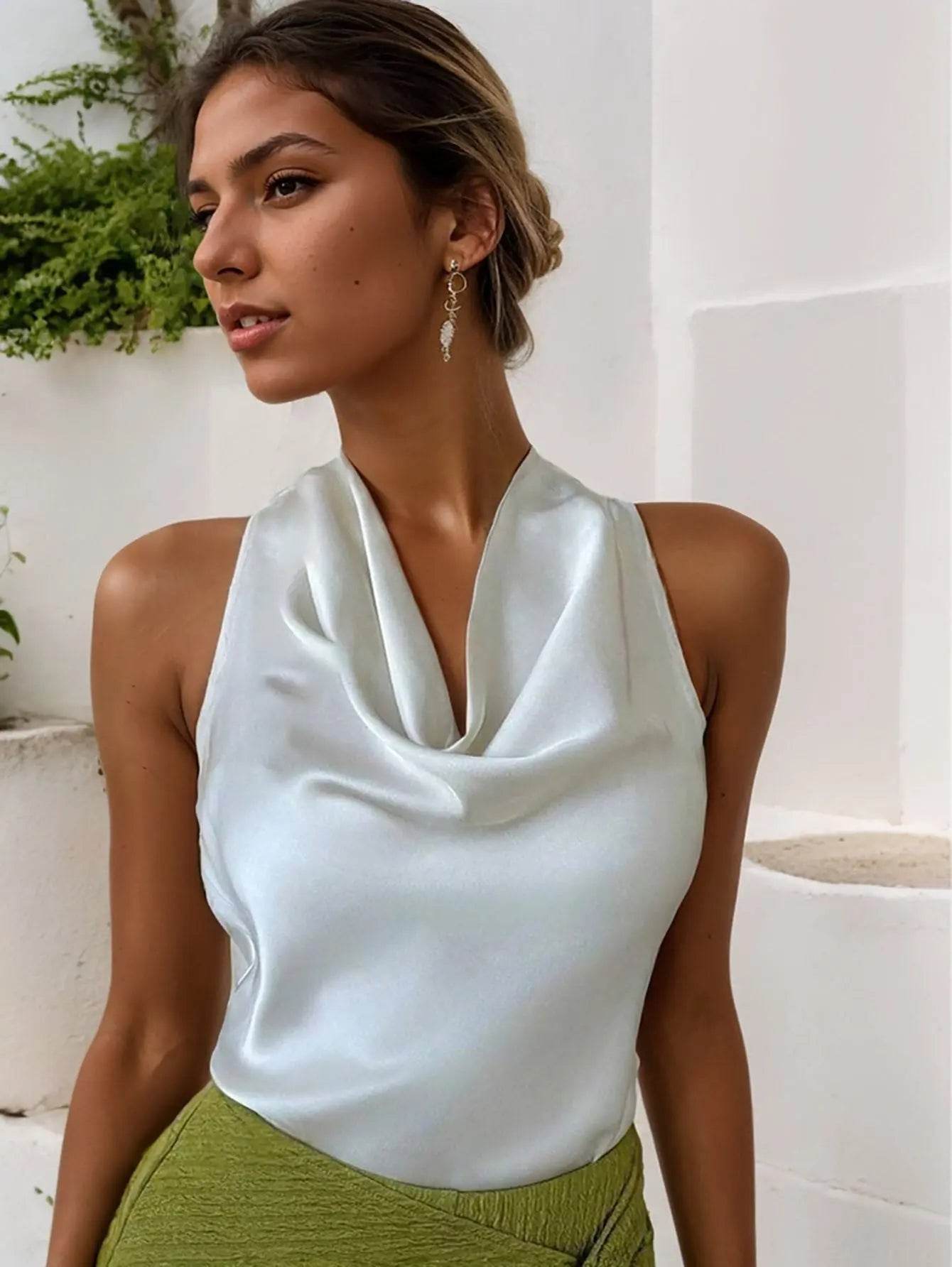 Women Solid Color Swing Collar Sleeveless Vest Trendy Elegant Shirt With Halter Neckline Backless Short Sleeve Tops Tshirts - ProTrendyz