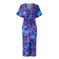 Puffed Short Sleeve Dress Summer Floral Printed V-neck Skinny Dresses