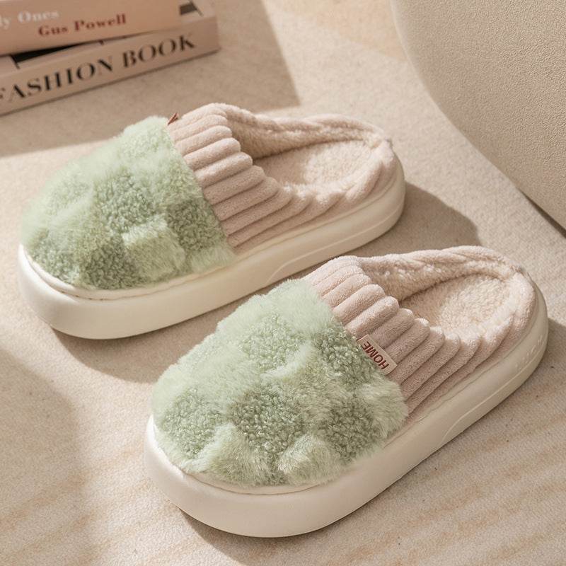 Plaid Plush Slippers Women's Indoor Plush Home Slippers Soft Sole Thick Non-Slip Warm House Shoes Couple Autumn And Winter - ProTrendyz