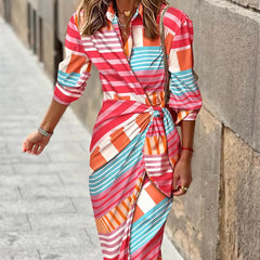 Fashion Printed Shirt Dress With Belt Slim Fit Three-quarter Sleeve Lapel Dress For Women Clothing