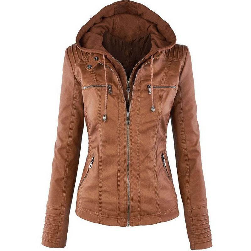Fashion Detachable Hooded Jacket With Pockets Casual Solid Color Zipper Long Sleeve Leather Coat Autumn Winter Women's Clothing - ProTrendyz