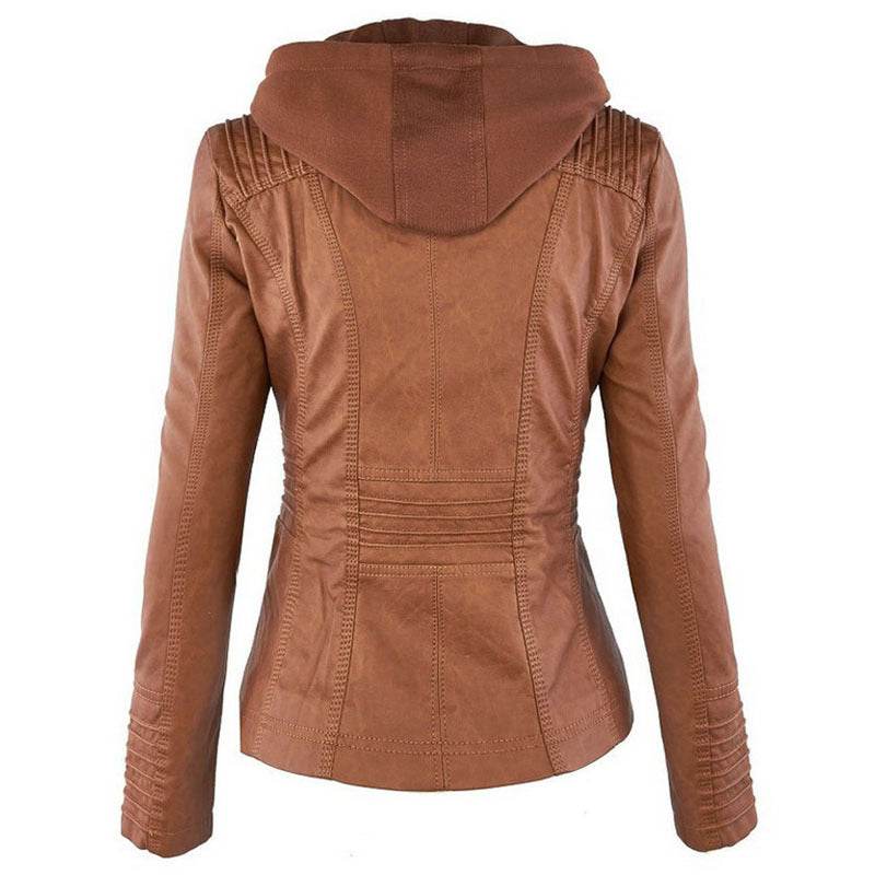 Fashion Detachable Hooded Jacket With Pockets Casual Solid Color Zipper Long Sleeve Leather Coat Autumn Winter Women's Clothing - ProTrendyz