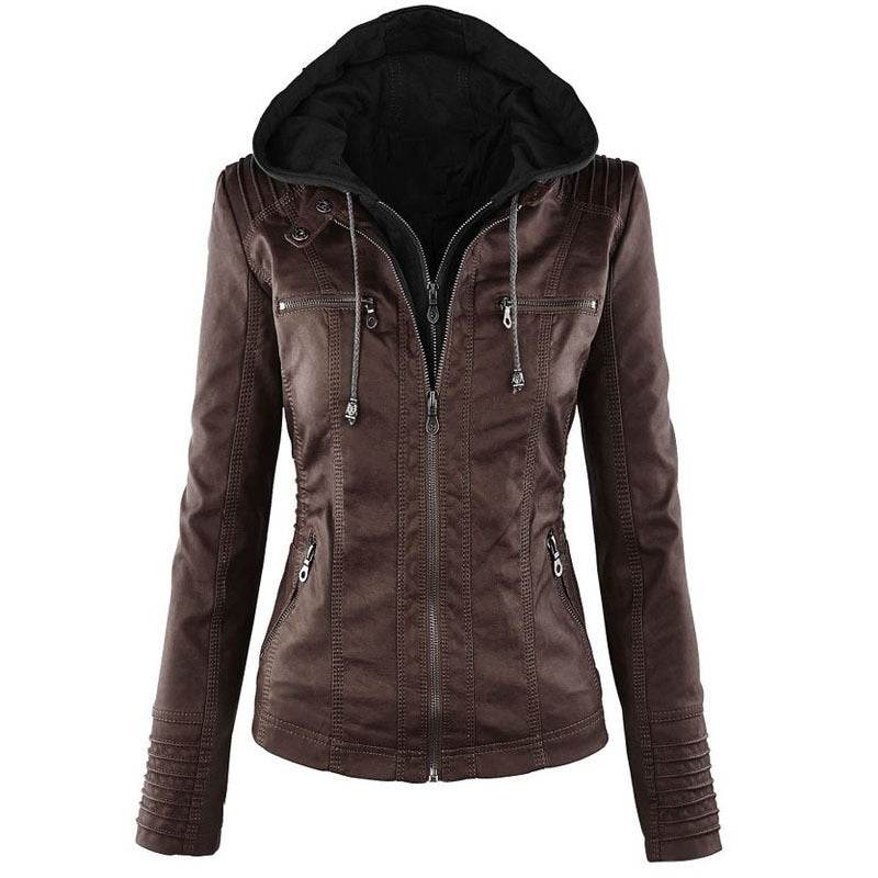 Fashion Detachable Hooded Jacket With Pockets Casual Solid Color Zipper Long Sleeve Leather Coat Autumn Winter Women's Clothing - ProTrendyz