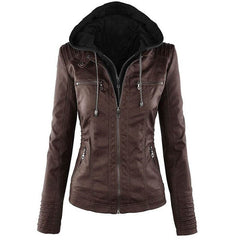 Fashion Detachable Hooded Jacket With Pockets Casual Solid Color Zipper Long Sleeve Leather Coat Autumn Winter Women's Clothing - ProTrendyz