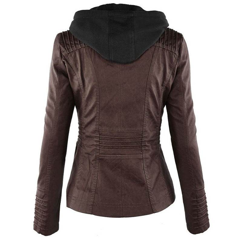 Fashion Detachable Hooded Jacket With Pockets Casual Solid Color Zipper Long Sleeve Leather Coat Autumn Winter Women's Clothing - ProTrendyz