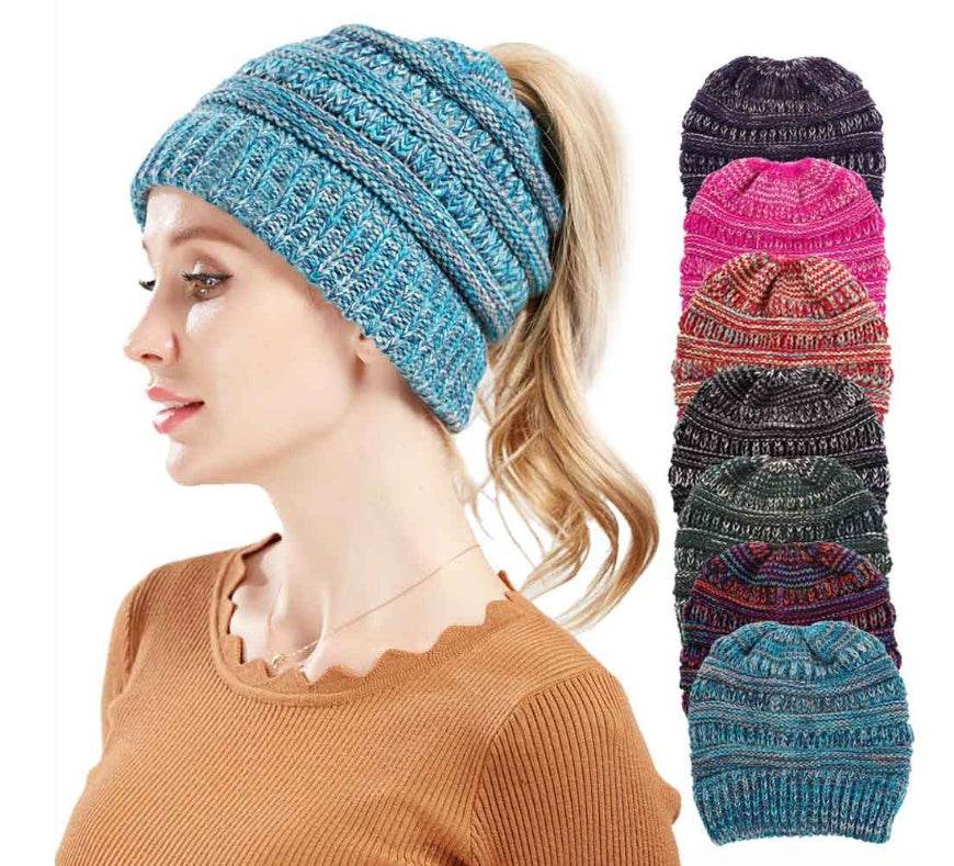 Mixed Color Knitted Wool Hat Ladies Non-labeled Ponytail Hat - ProTrendyz