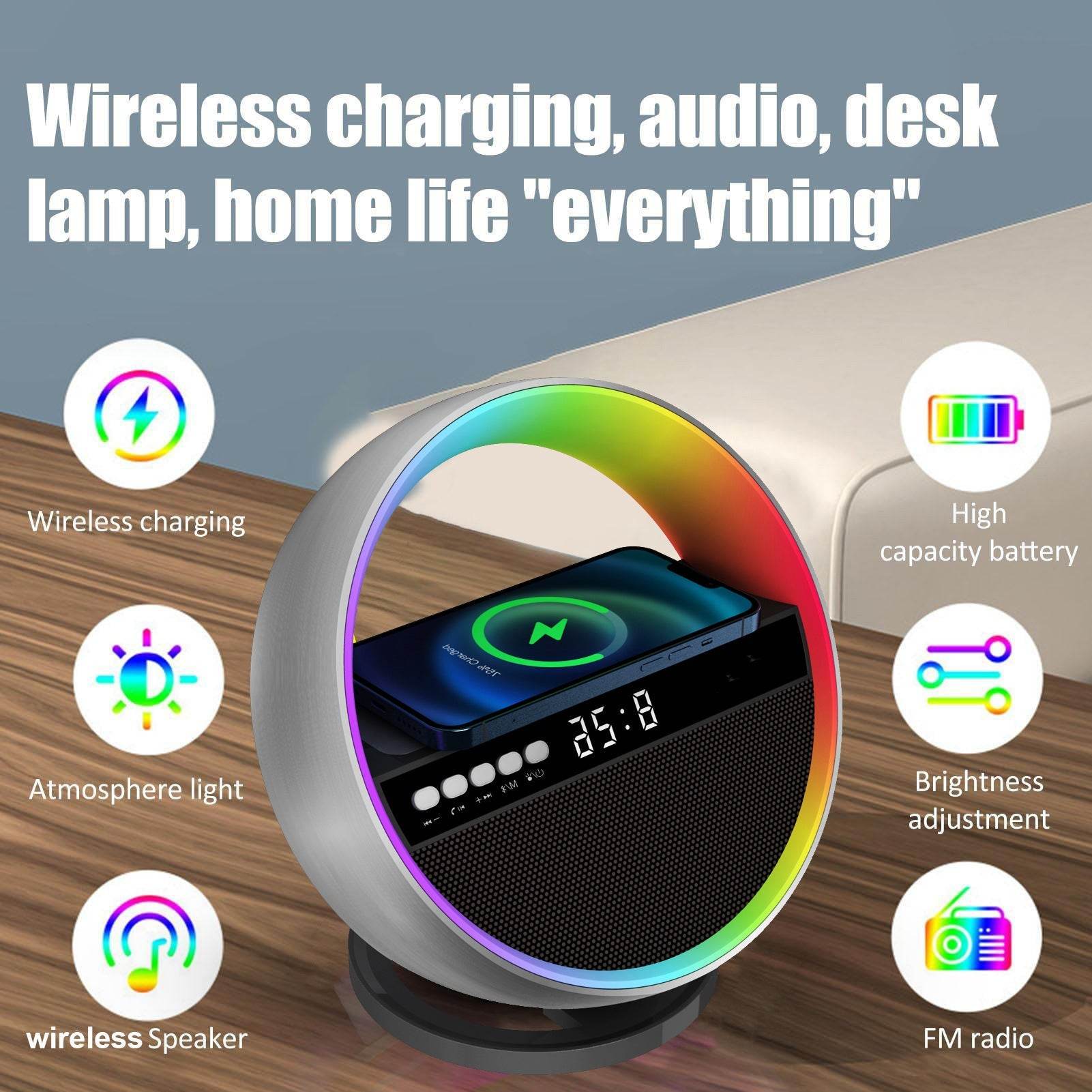 2024 New Multifunction RGB Night Light Wireless Charger Bluetooth-compatible Speaker Large G Ambience Light Home Decor - ProTrendyz