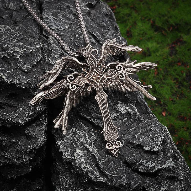 Vintage Silver Six Winged Angel Wings Cross Pendant Necklace - ProTrendyz
