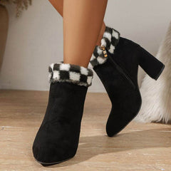 New Plaid Print Plush Ankle Boots Winter Fashoin Square Heel Suede Boots Women Casual Versatile Shoes Autumn And Winter - ProTrendyz