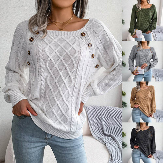 Square Neck Knitted Sweater With Button Design Winter Warm Long Sleeve Tops Women's Clothing - ProTrendyz