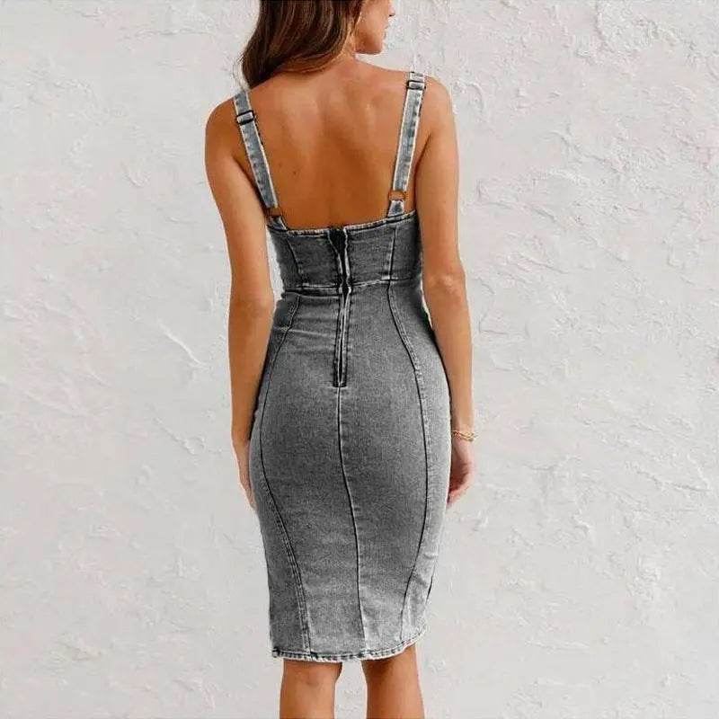 New U-neck Suspender Denim Dress Summer Casual Tight Slim Fit Dresses With Slit Design Womens Clothing - ProTrendyz