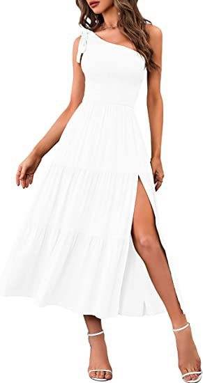 New Summer Fashion Women's One-shoulder Pleated Layered Hem Split Dress - ProTrendyz