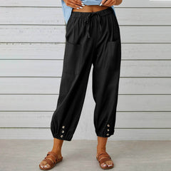 Women Drawstring Tie Pants Spring Summer Cotton And Linen Trousers With Pockets Button - ProTrendyz