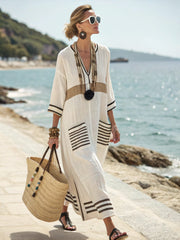 Printed V-neck Three-quarter-length Sleeve Kaftan Dress With A Long Patch Pocket