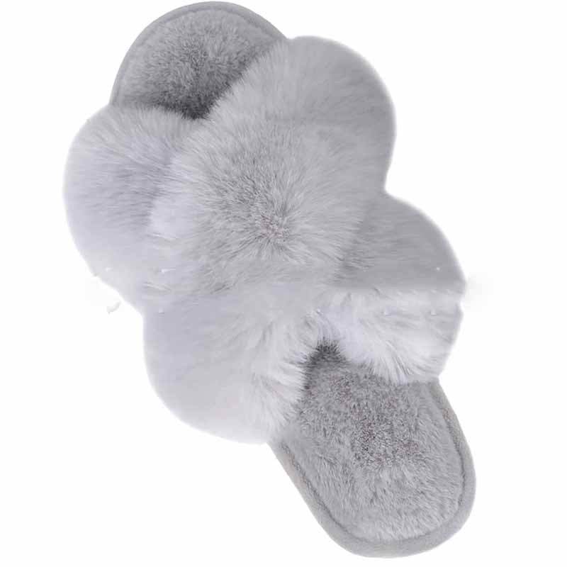Women Fashion Warm Fluffy Slippers Cozy Faux Fur Cross Indoor Floor Slides Flat Soft Furry Ladies Female Celebrities Flip Flops - ProTrendyz