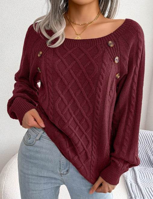 Square Neck Knitted Sweater With Button Design Winter Warm Long Sleeve Tops Women's Clothing - ProTrendyz