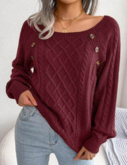 Square Neck Knitted Sweater With Button Design Winter Warm Long Sleeve Tops Women's Clothing - ProTrendyz