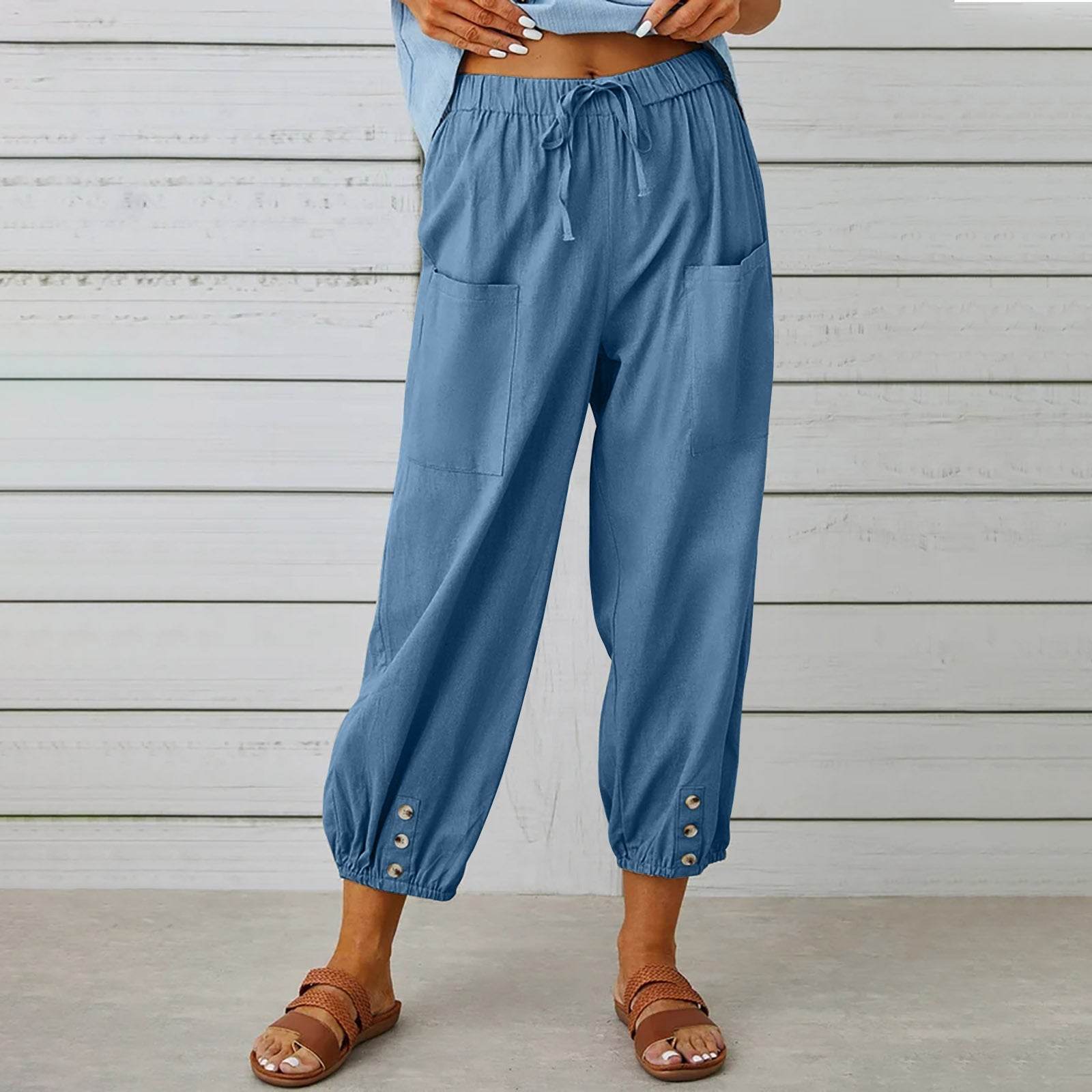 Women Drawstring Tie Pants Spring Summer Cotton And Linen Trousers With Pockets Button - ProTrendyz