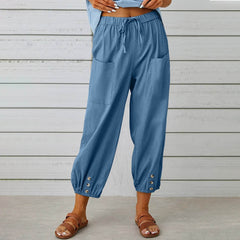 Women Drawstring Tie Pants Spring Summer Cotton And Linen Trousers With Pockets Button - ProTrendyz