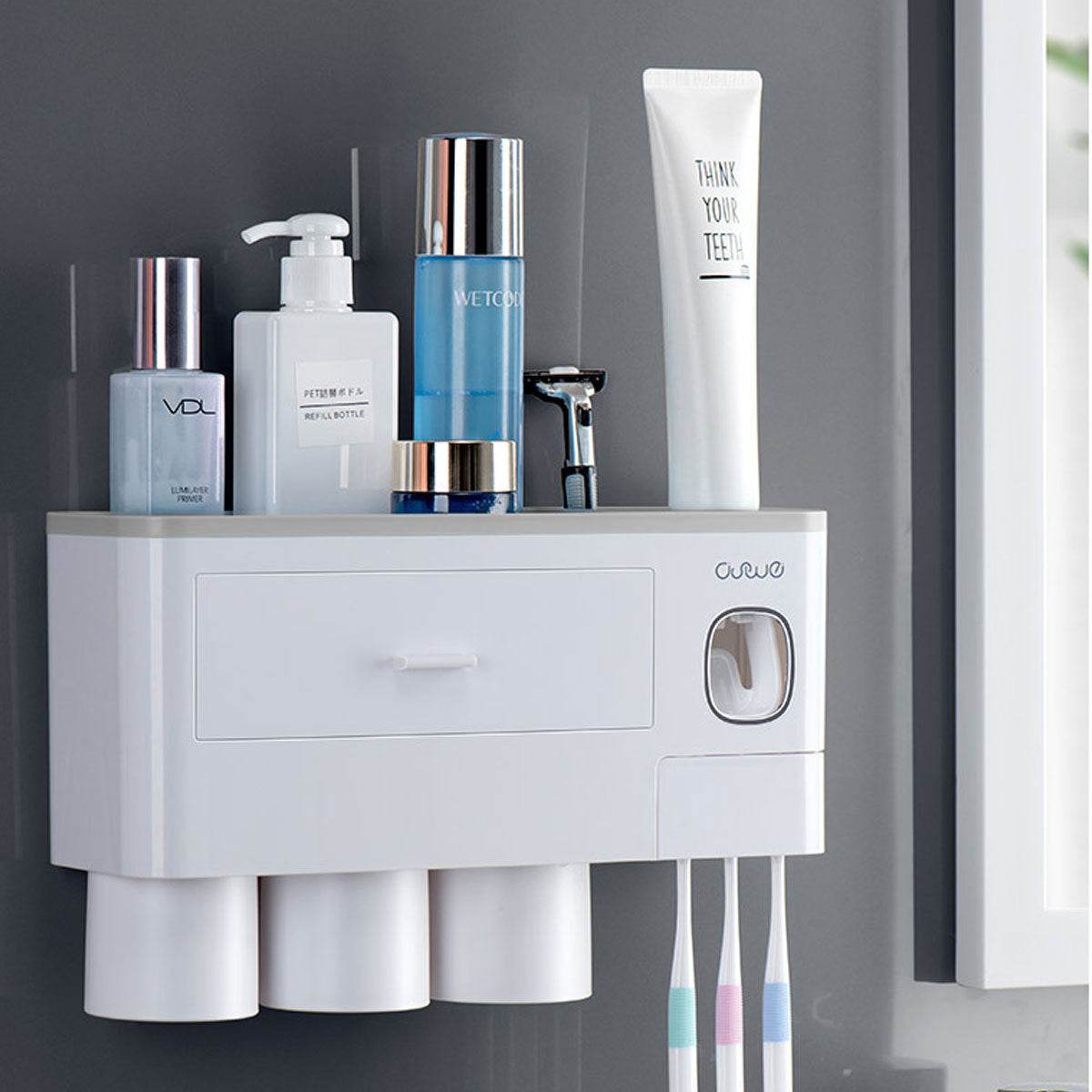 Non-marking Hanging Magnetic Toothbrush Holder Single Drawer Storage Rack With Toothpaste Squeezer Toiletry Set - ProTrendyz