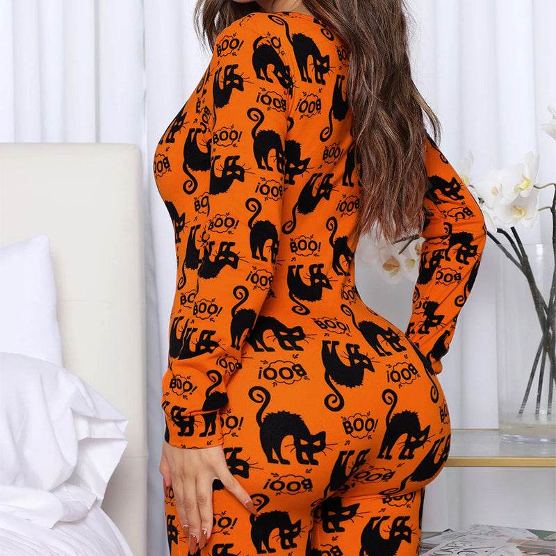 Halloween Printed Jumpsuit Long Sleeve Home Pajamas Casual Trousers Women's Cos Clothing - ProTrendyz