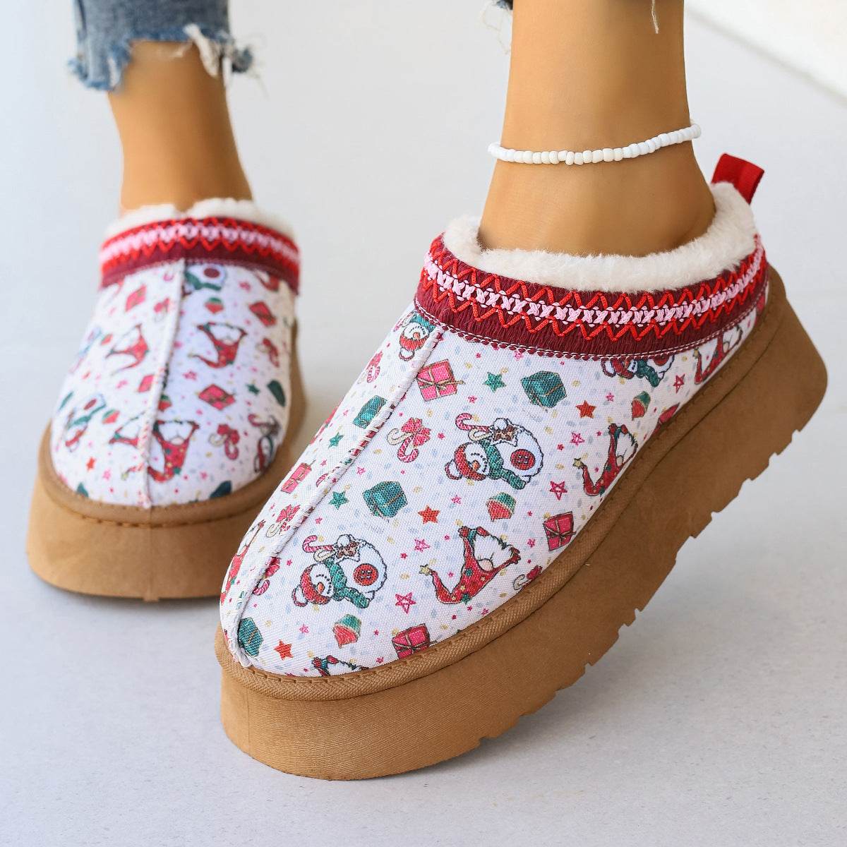 Women's Cartoon Christmas Print Ankle Boots Casual Slip On Plush Lined Home Shoes Comfortable Winter Short Boots - ProTrendyz