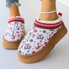 Women's Cartoon Christmas Print Ankle Boots Casual Slip On Plush Lined Home Shoes Comfortable Winter Short Boots - ProTrendyz