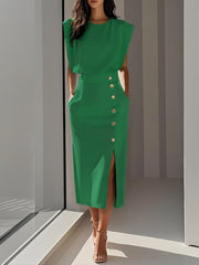 Women's Summer Split Dress With Buttons Casual Sleeveless Midi Dress Clothing