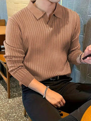 Lapel Texture Stretch Slim Knit Polo Shirt Men Polo Shirt Fashion Waffle Long-sleeved Tops Clothing Casual Comfortable Golf Men's Clothing - ProTrendyz