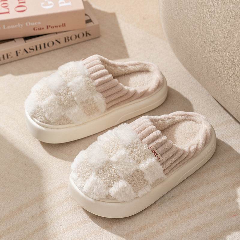 Plaid Plush Slippers Women's Indoor Plush Home Slippers Soft Sole Thick Non-Slip Warm House Shoes Couple Autumn And Winter - ProTrendyz