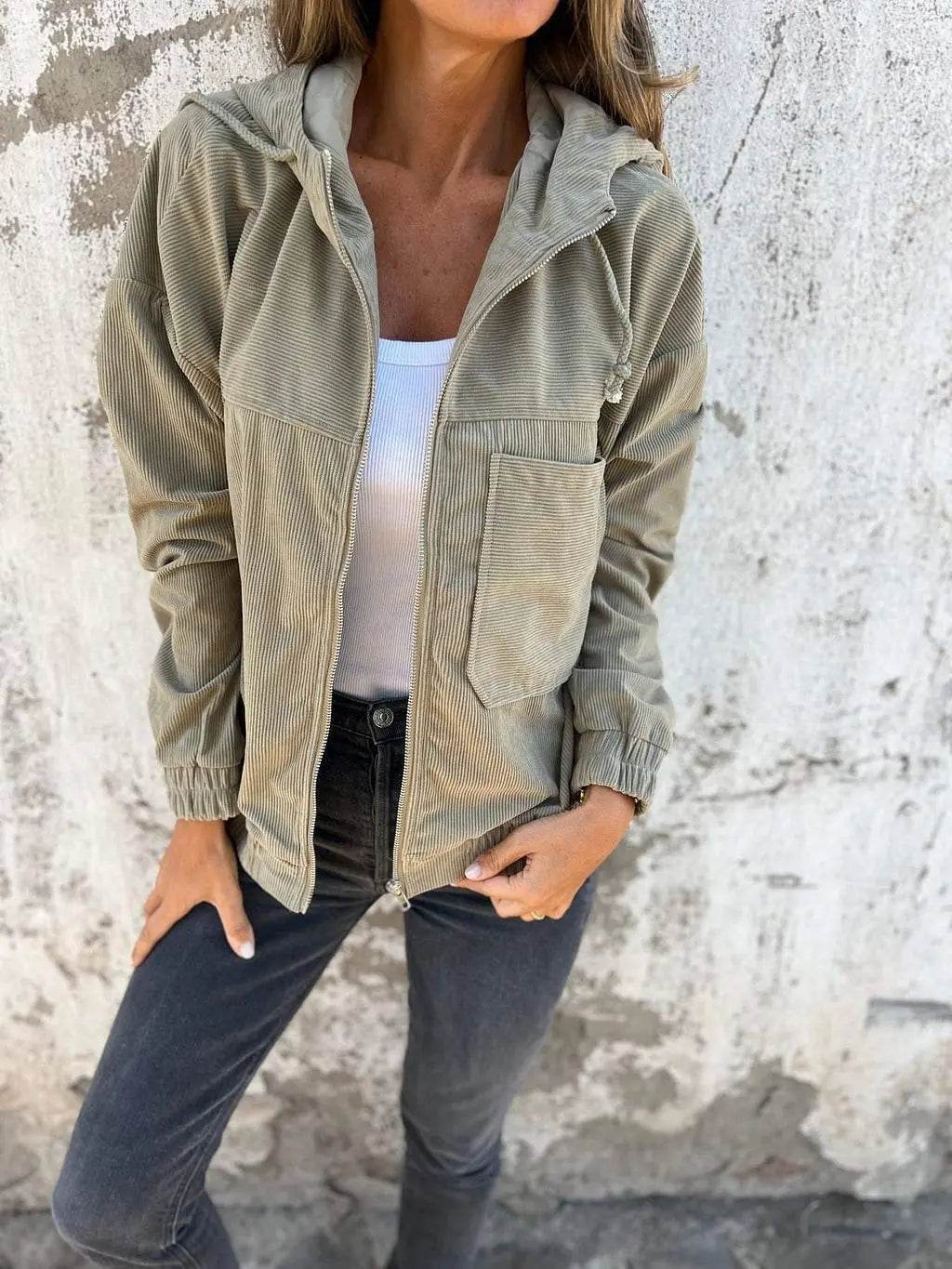 Corduroy Hooded Zip-up Jacket With Pockets Fashion Casual Drawstring Tops Outerwear Women's Clothing 5XL XXXXXL - ProTrendyz