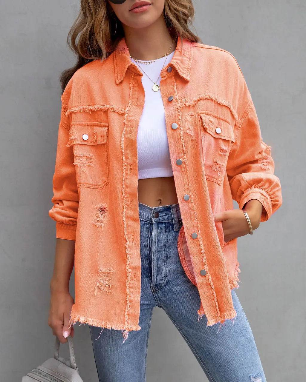 Fashion Ripped Shirt Jacket Female Autumn And Spring Casual Tops Womens Clothing - ProTrendyz