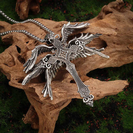 Vintage Silver Six Winged Angel Wings Cross Pendant Necklace - ProTrendyz