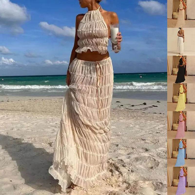 2pcs Women's Dress Suit Sexy Sleeveless Backless Cropped Halter Top And Pleated Long Skirt Beach Clothing - ProTrendyz