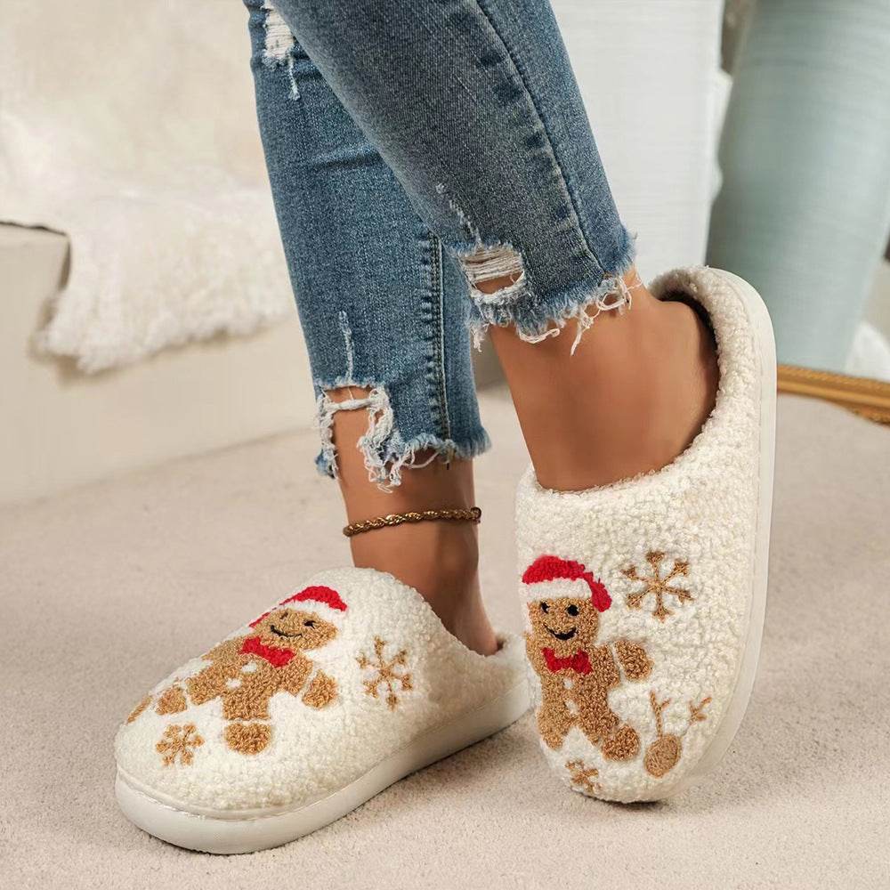 Christmas Snowflake Gingerbread Slippers Winter Indoor Non-slip Floor Bedroom Fuzzy House Shoes For Women Home Slippers - ProTrendyz