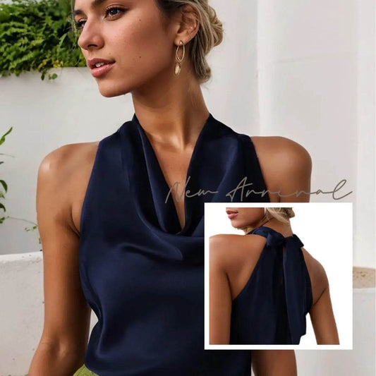 Women Solid Color Swing Collar Sleeveless Vest Trendy Elegant Shirt With Halter Neckline Backless Short Sleeve Tops Tshirts - ProTrendyz