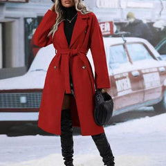 Lapel Double-breasted Trench Coat With Belt Winter Fashion Solid Color Long Jacket Outwear Women Clothing - ProTrendyz