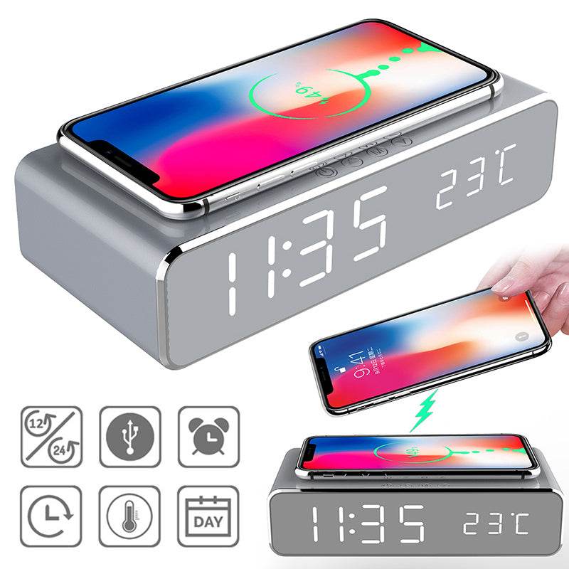 LED Electric Alarm Clock With Wireless Charger Desktop Digital Despertador Thermometer Clock HD Mirror Clock Watch Table Decor - ProTrendyz
